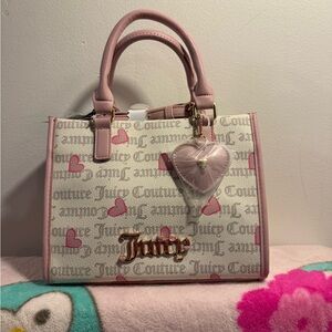 Juicy Couture I Heart Juicy Mini Tote pecan white with pink hearts and charm